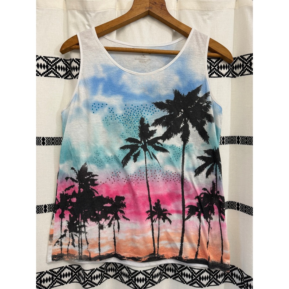 White Stag Women's Palm‎ Tree Tank Top M (6–10) Sunset Graphic Sleeveless Tee